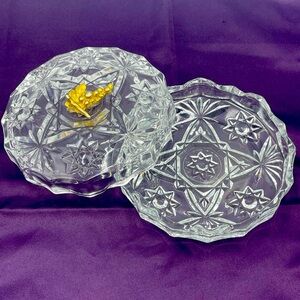Anchor Hocking “Prescut” Crystal Trinket Box w/ Brass Grape Cluster Accent Lid